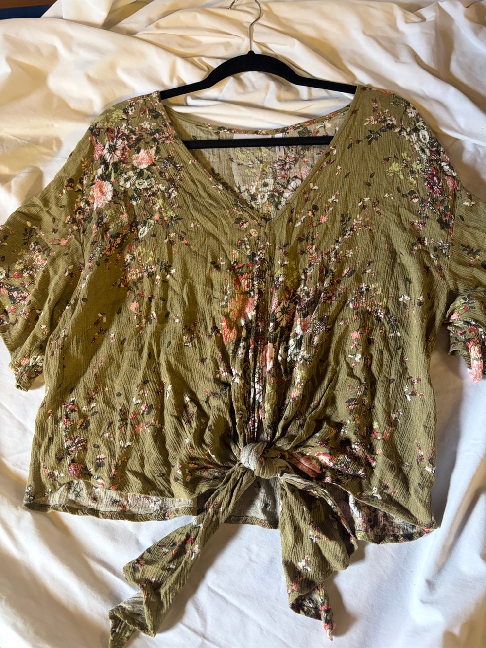 Floral Tie-Front V-Neck Blouse in Olive - Women